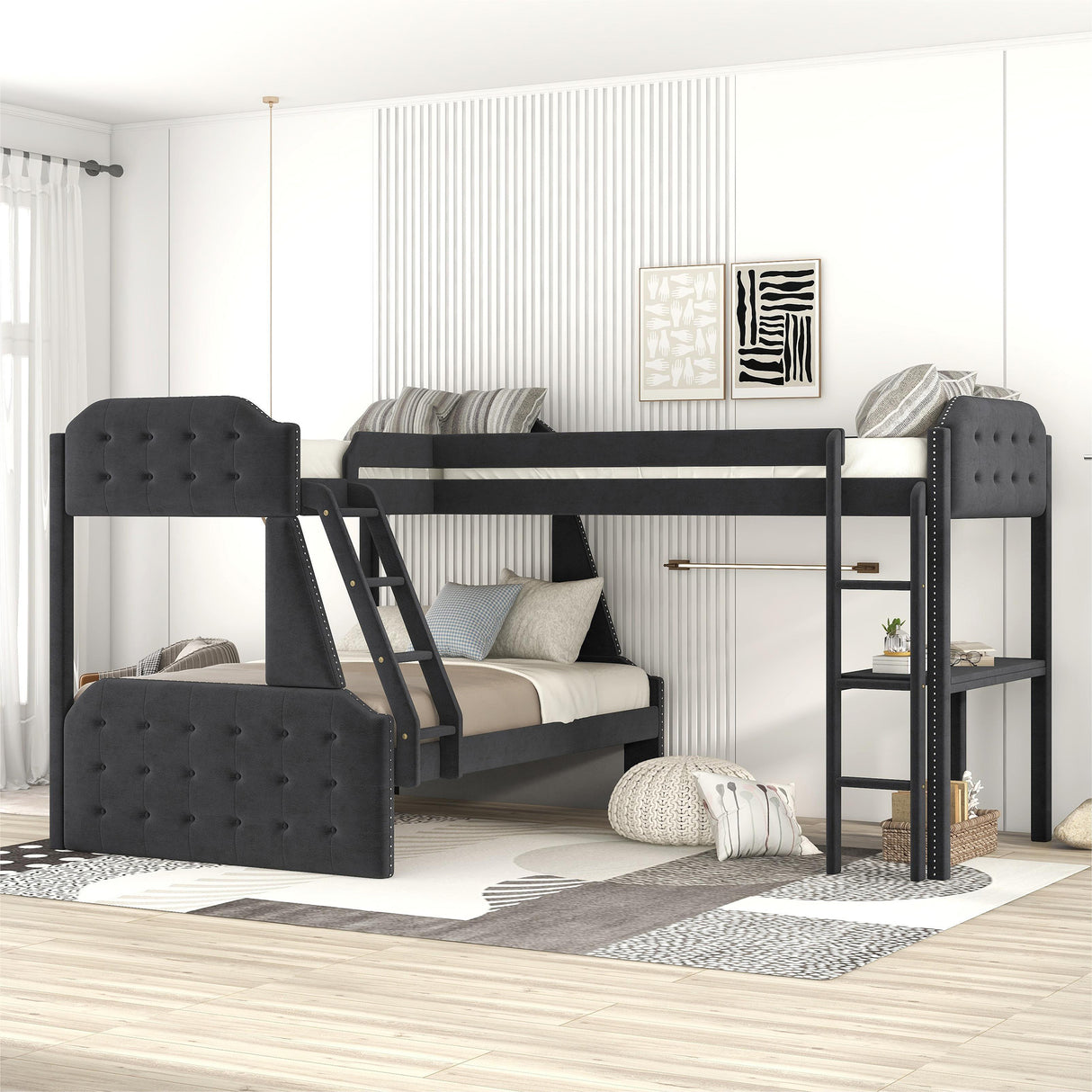 L-Shaped Twin over Full Bunk Bed and Twin Sie Loft Bed with Desk,Black - Home Elegance USA