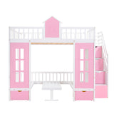 Full-Over-Full Bunk Bed with Changeable Table , Bunk Bed Turn into Upper Bed and Down Desk - Pink - Home Elegance USA