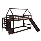 Twin over Twin House Bunk Bed with Slide and Storage Staircase,Espresso - Home Elegance USA