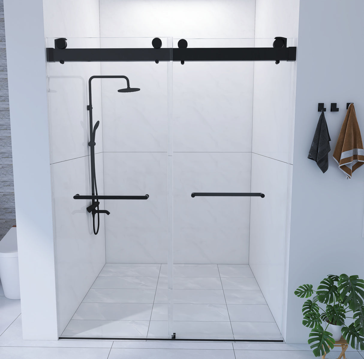 Frameless Double Sliding Shower, 69" - 72" Width, 79" Height, 3/8" (10 mm) Clear Tempered Glass, , Designed for Smooth Door with Clear Tempered Glass and Stainless Steel Hardware in Matte Black Finish