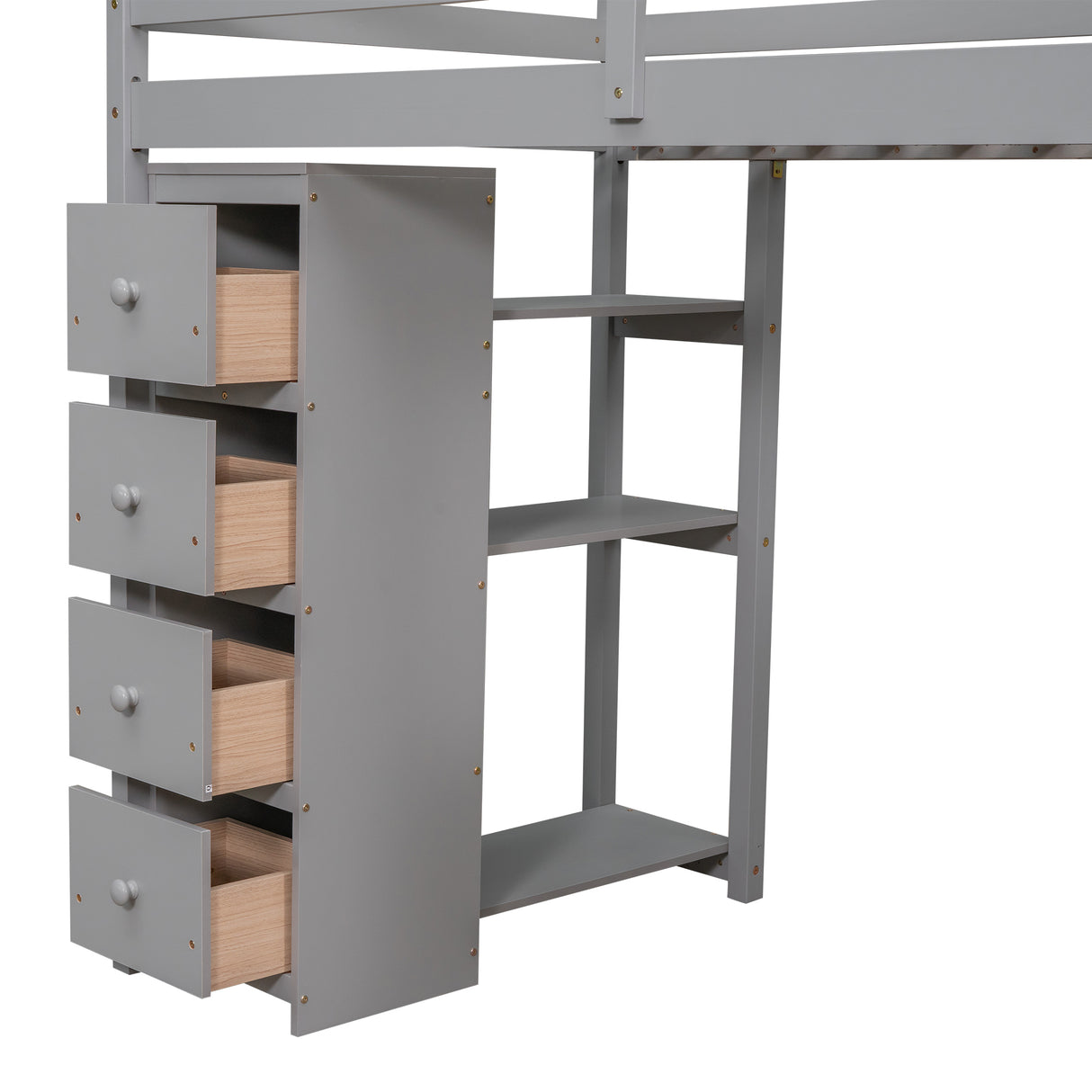 Twin size Loft Bed with Storage Drawers ,Desk and Stairs, Wooden Loft Bed with Shelves - Gray - Home Elegance USA