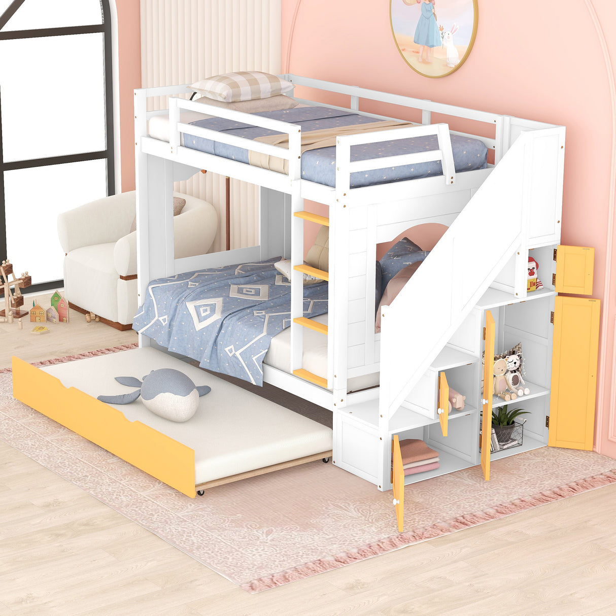 Twin Over Twin Bunk Bed with Trundle ,Stairs,Ladders Solid Wood Bunk bed with Storage Cabinet （White + Yellow） - Home Elegance USA