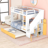 Twin Over Twin Bunk Bed with Trundle ,Stairs,Ladders Solid Wood Bunk bed with Storage Cabinet （White + Yellow） - Home Elegance USA