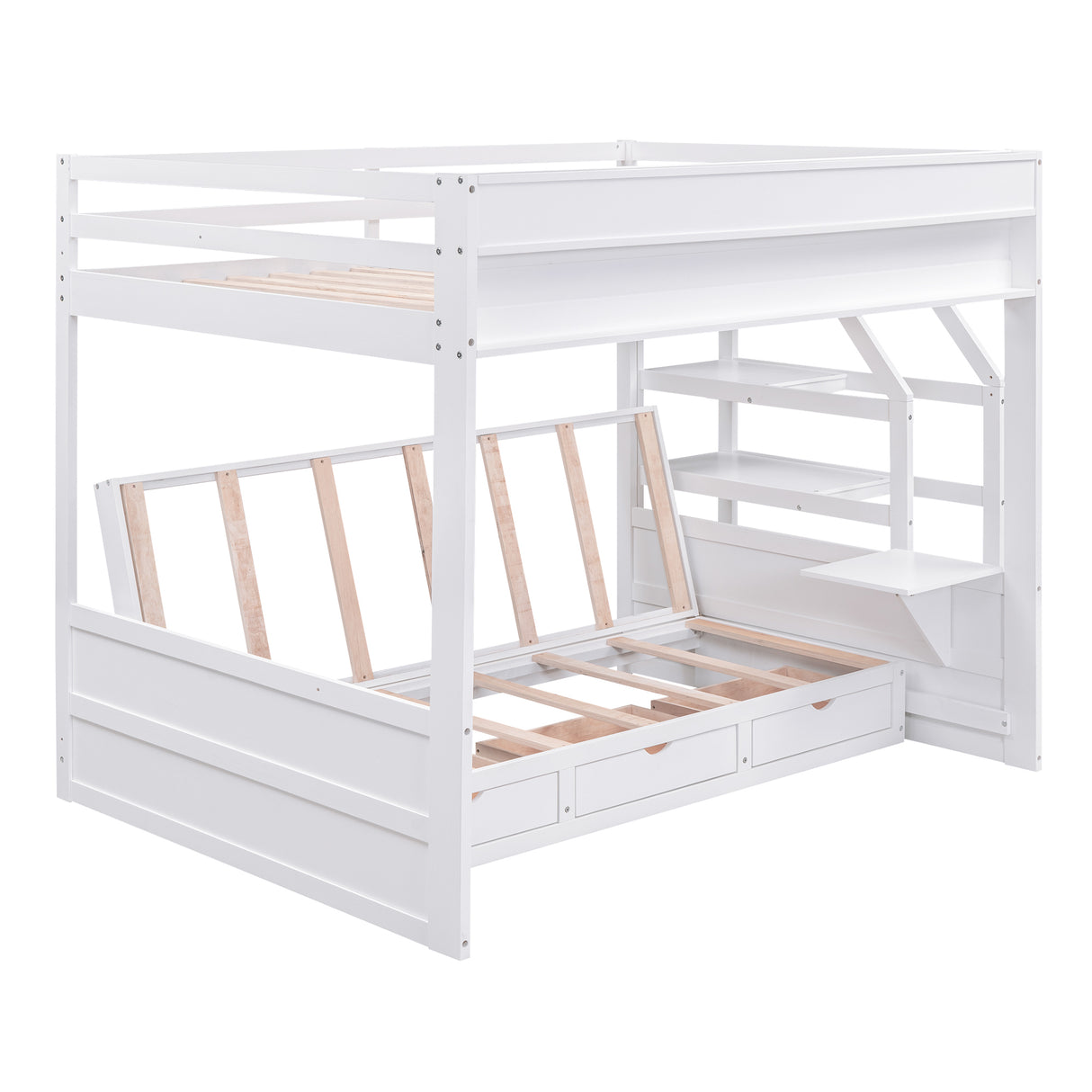 Wood Full Size Convertible Bunk Bed with Storage Staircase, Bedside Table, and 3 Drawers, White - Home Elegance USA