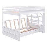 Wood Full Size Convertible Bunk Bed with Storage Staircase, Bedside Table, and 3 Drawers, White - Home Elegance USA