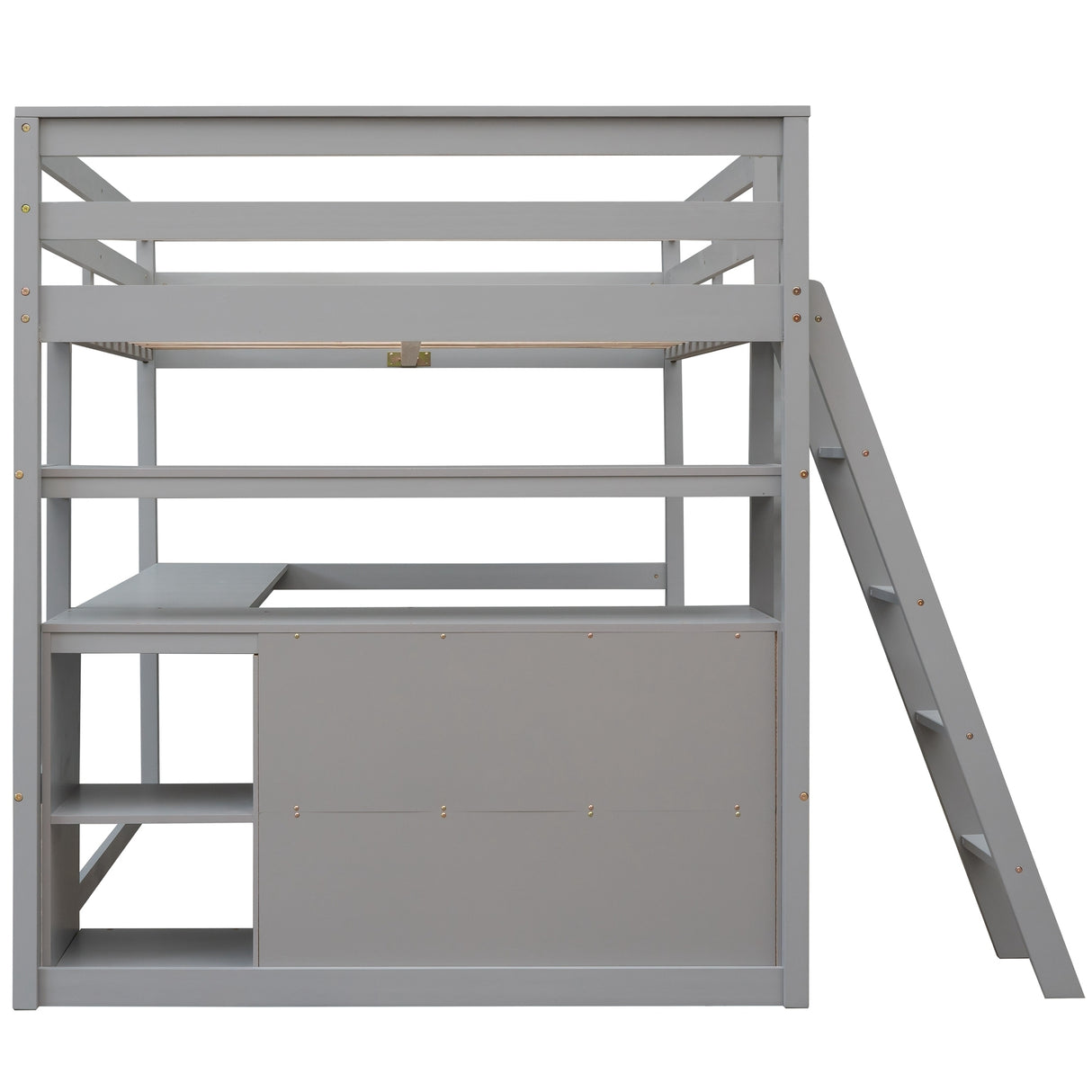 Full Size Loft Bed with Desk and Shelves,Two Built-in Drawers,Gray - Home Elegance USA