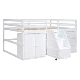 Full Size Functional Loft Bed with Cabinets and Drawers, Hanging Clothes at the back of the Staircase, White - Home Elegance USA