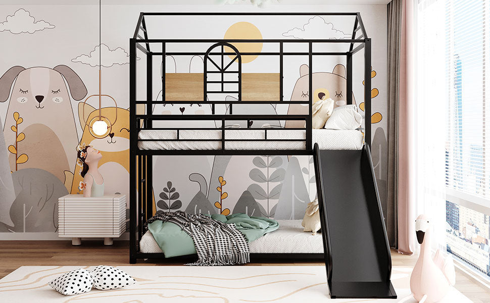 Twin Over Twin Metal Bunk Bed ,Metal Housebed With Slide,Three Colors Available.(Black with Black  Slide)(OLD SKU :LP000095AAB) - Home Elegance USA