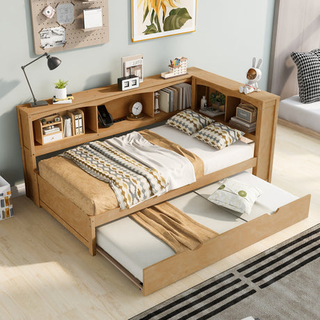Twin Size Daybed with Trundle, Storage Cabinets and USB Ports, Wood Color - Home Elegance USA