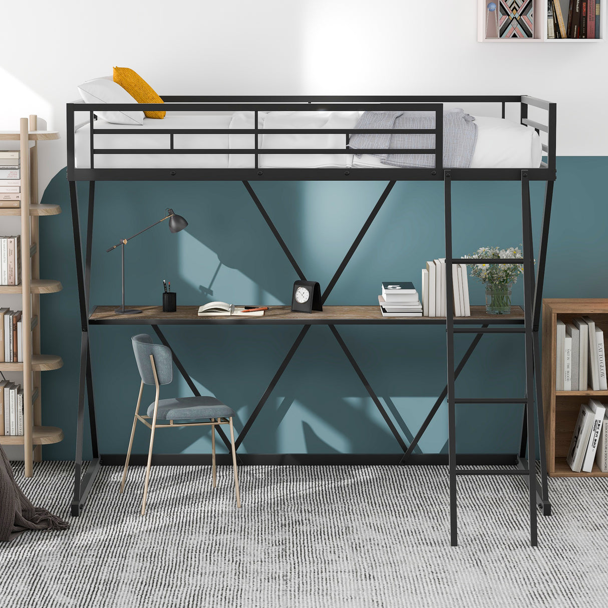 Twin Size Loft Bed with Desk, Ladder and Full-Length Guardrails, X-Shaped Frame, Black(Old SKU:SM000223AAB) - Home Elegance USA