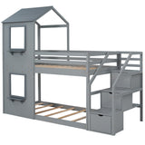 Twin Over Twin Bunk Bed with Storage Stairs,Wood Bed with Roof, Window, Guardrail, Ladder，Gray