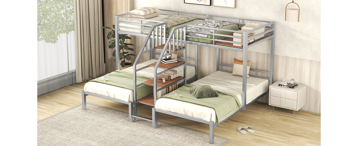 Metal Twin over Twin & Twin Bunk Bed, Triple Bunk Bed with Storage Shelves Staircase, Silver - Home Elegance USA