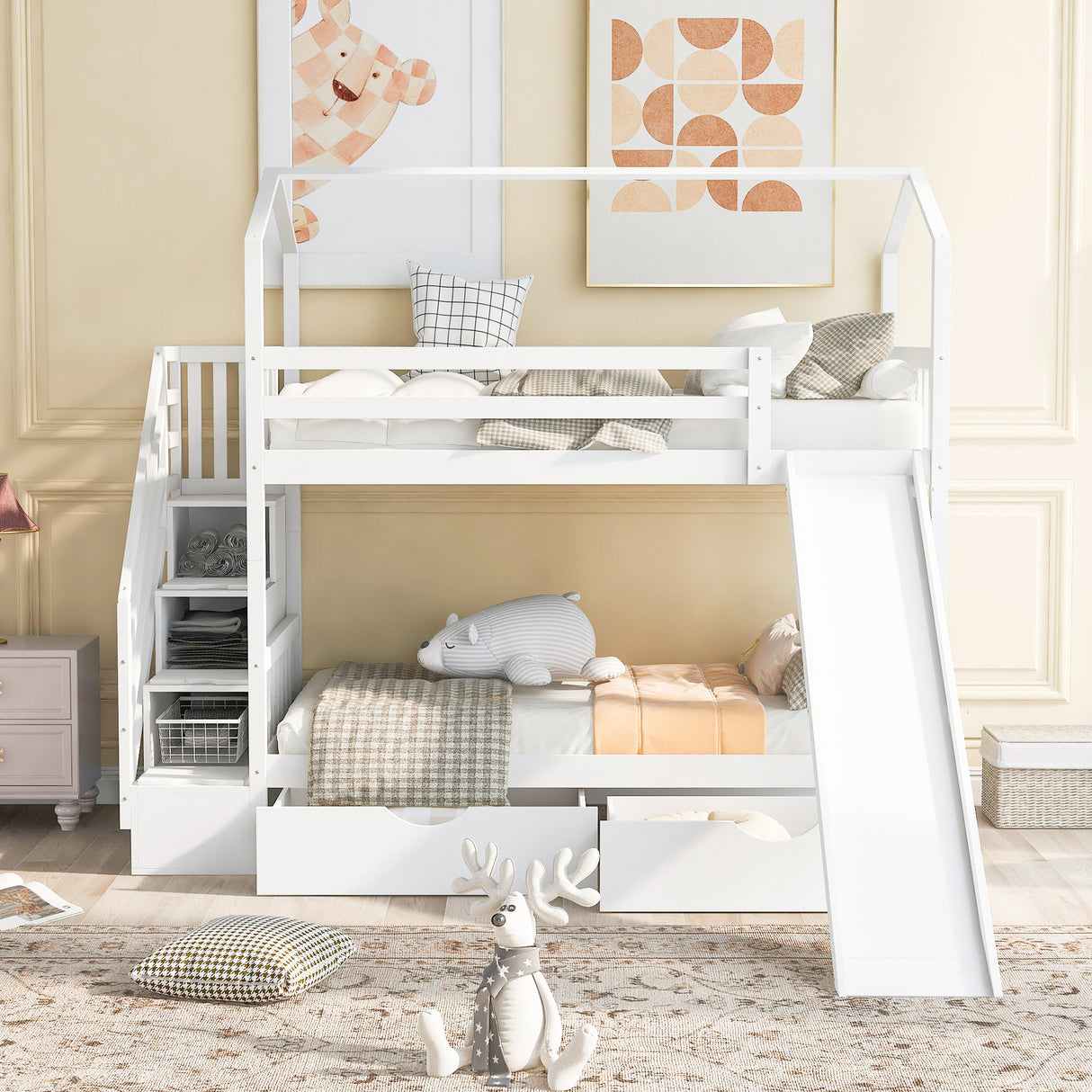 Twin over Twin House Bunk Bed with Two Drawers and Slide,Storage Staircase,White(OLD SKU:GX000906AAK) - Home Elegance USA