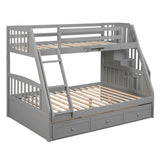 Twin-Over-Full Bunk Bed with Drawers，Ladder and Storage Staircase, Gray - Home Elegance USA