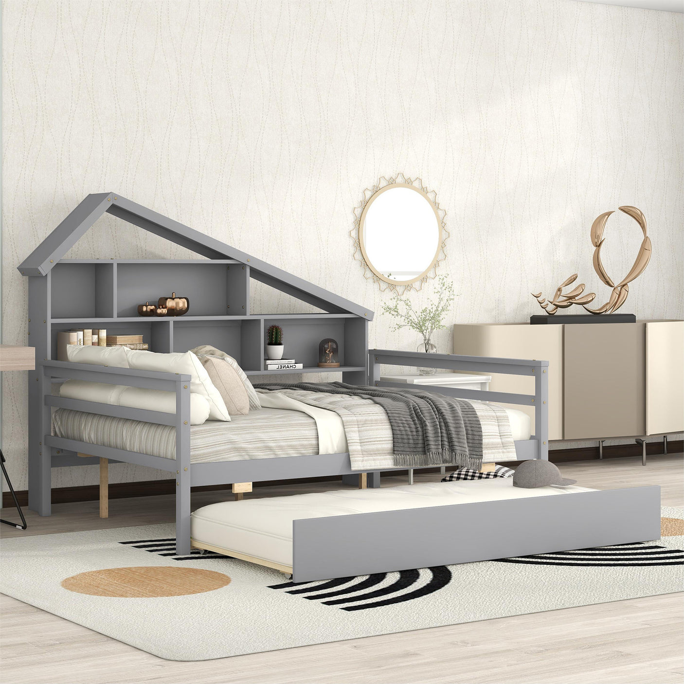Full Size Platform Bed with Trundle and Shelves, Gray - Home Elegance USA