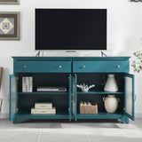 68” TV Console, Storage Buffet Cabinet, Sideboard with Glass Door and Adjustable Shelves, Console Table for Dining Living Room Cupboard, Teal Blue Home Elegance USA