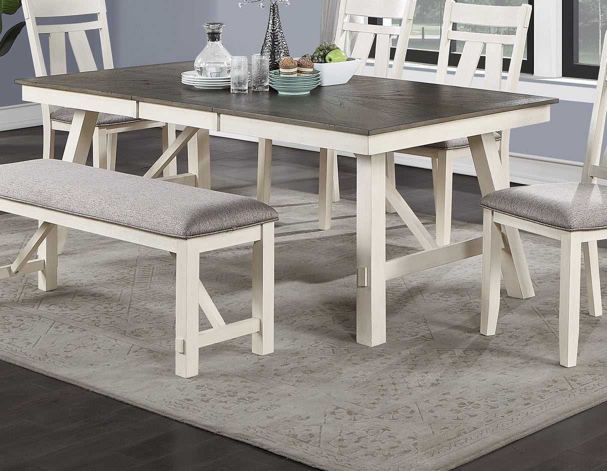 Dining Room Furniture 6pc Dining Set Table w Leaf And 4x Side Chairs 1x Bench Gray Fabric Cushion Seat White Clean Lines Wooden Table Top | Home Elegance USA