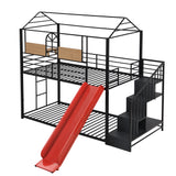 Twin Over Twin Metal Bunk Bed ,Metal Housebed with Slide and Storage Stair,Black with Red Slide(OLD SKU:LP000195AAJ) - Home Elegance USA