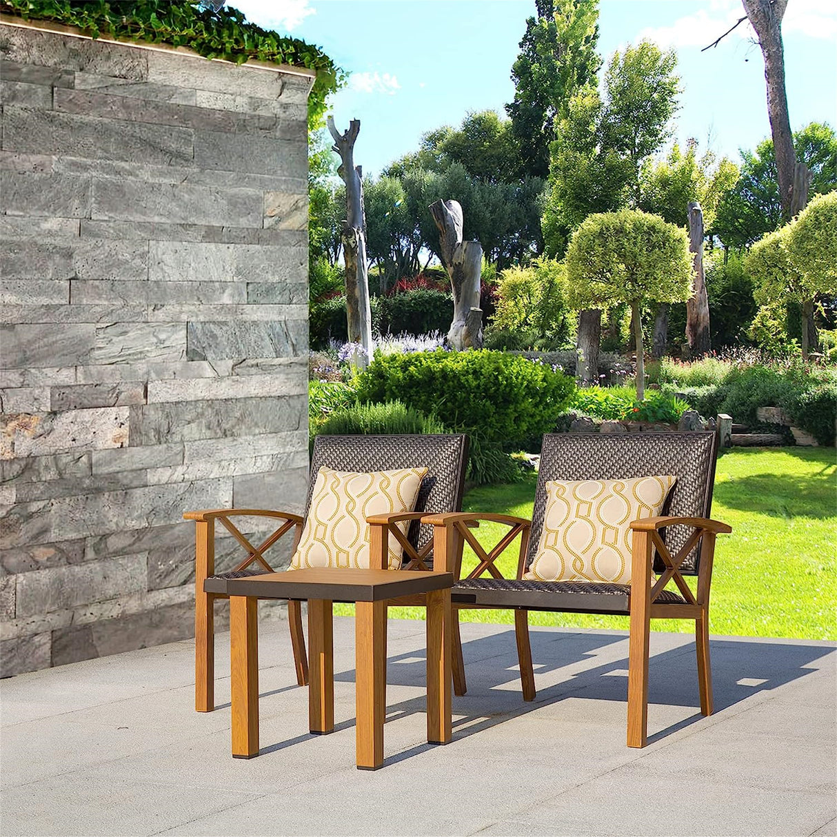 Patio Bistro Set 3 Pieces with Wood Grain Aluminum Wicker Padded Porch Chairs,Coffee Table,Outdoor Conversation Set with Beige Sunbrella Pillows(1Table+2 Chairs)