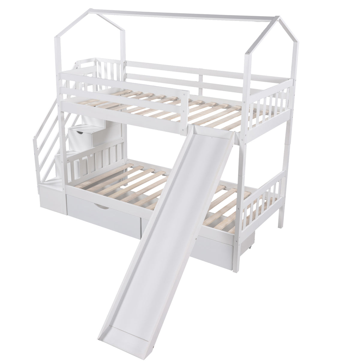 Twin over Twin House Bunk Bed with Two Drawers and Slide,Storage Staircase,White(OLD SKU:GX000906AAK) - Home Elegance USA