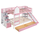 Full-Over-Full Castle Style Bunk Bed with 2 Drawers 3 Shelves and Slide - Pink