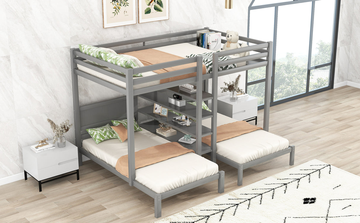 Full XL over Twin&Twin Bunk Bed with Built-in Four Shelves and Ladder,Gray - Home Elegance USA