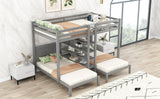 Full XL over Twin&Twin Bunk Bed with Built-in Four Shelves and Ladder,Gray - Home Elegance USA