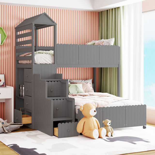 Stairway Twin Over Full Bunk Bed, House Bed with Two Shelves and Seven Drawers,Gray - Home Elegance USA