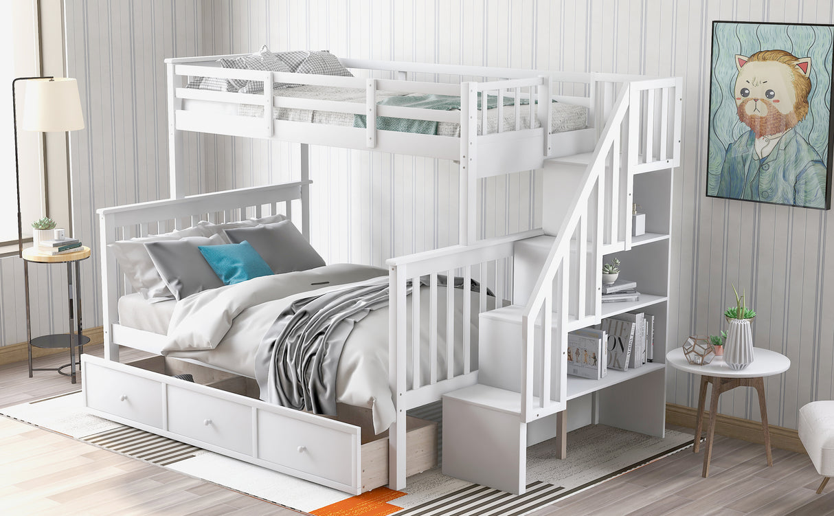 Stairway Twin-Over-Full Bunk Bed with Drawer, Storage and Guard Rail for Bedroom, Dorm, for Adults, White color(OLD SKU :LP000219AAK) Home Elegance USA