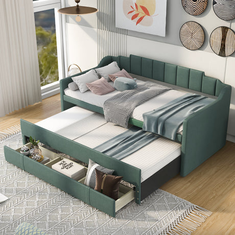 Twin Size Upholstered Daybed with Trundle and Three Drawers,Green - Home Elegance USA