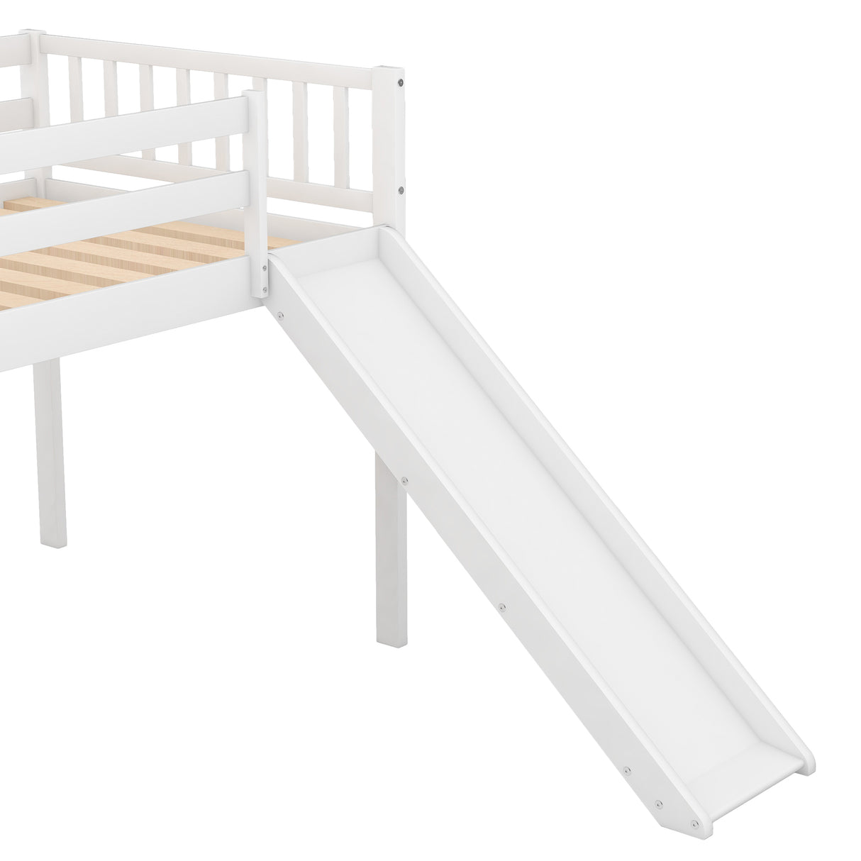 Twin Size Low Loft Bed with Adjustable Slide and Staircase, White - Home Elegance USA