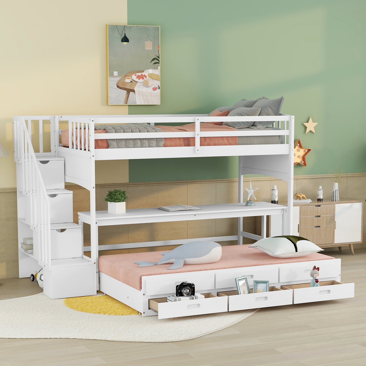 Stairway Twin XL Loft Bed with Twin Size Trundle and 3 Drawers, Storage, Desk, White - Home Elegance USA