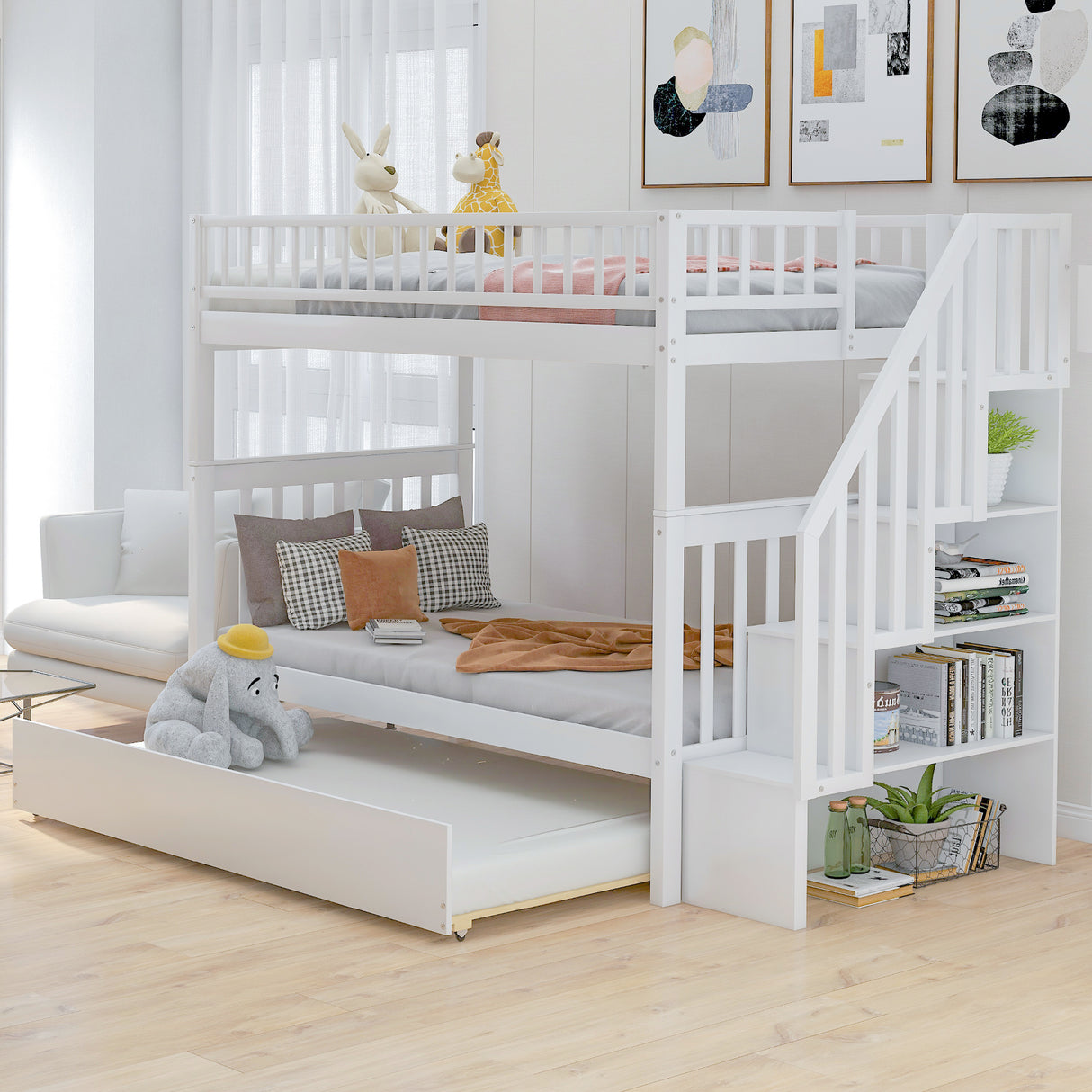 Twin over Twin Bunk Bed with Trundle and Storage, White - Home Elegance USA