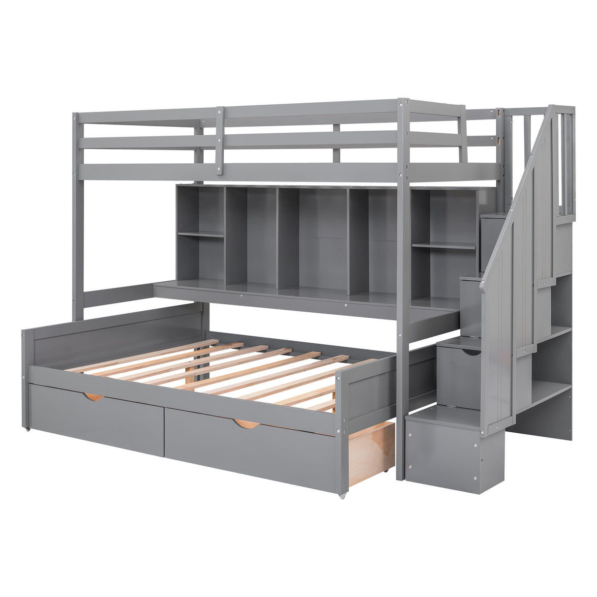 Twin XL over Full Bunk Bed with Built-in Storage Shelves, Drawers and Staircase,Gray - Home Elegance USA