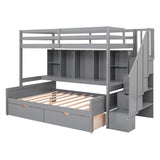 Twin XL over Full Bunk Bed with Built-in Storage Shelves, Drawers and Staircase,Gray - Home Elegance USA