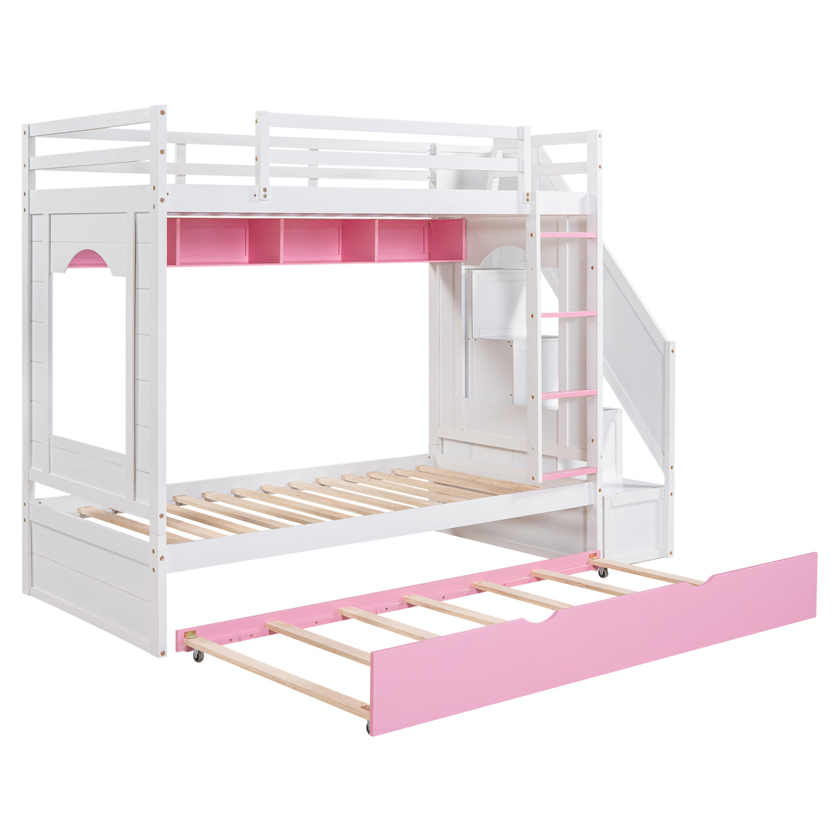 Twin Over Twin Bunk Bed with Trundle ,Stairs,Ladders Solid Wood Bunk bed with Storage Cabinet （White + Pink） - Home Elegance USA