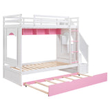 Twin Over Twin Bunk Bed with Trundle ,Stairs,Ladders Solid Wood Bunk bed with Storage Cabinet （White + Pink） - Home Elegance USA