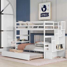 Bunk Beds Twin over Twin Stairway Storage function White color | Home Elegance USA