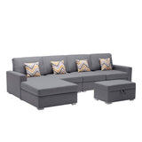 Nolan Gray Linen Fabric 5Pc Reversible Sofa Chaise with Interchangeable Legs, Storage Ottoman, and Pillows - Home Elegance USA