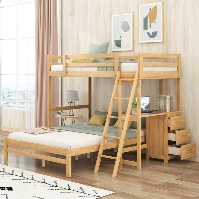 Twin over Full Bunk Bed with Built-in Desk and Three Drawers,Natural - Home Elegance USA