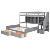 Twin XL over Full Bunk Bed with Built-in Storage Shelves, Drawers and Staircase,Gray - Home Elegance USA