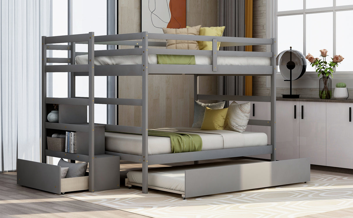 Full over Full Bunk Bed with Twin Size Trundle (Gray)(OLD SKU :LP000033AAE) - Home Elegance USA