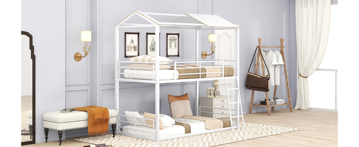 Twin Over Twin Bunk Bed Metal Bed with Half Roof, Guardrail and Ladder White - Home Elegance USA