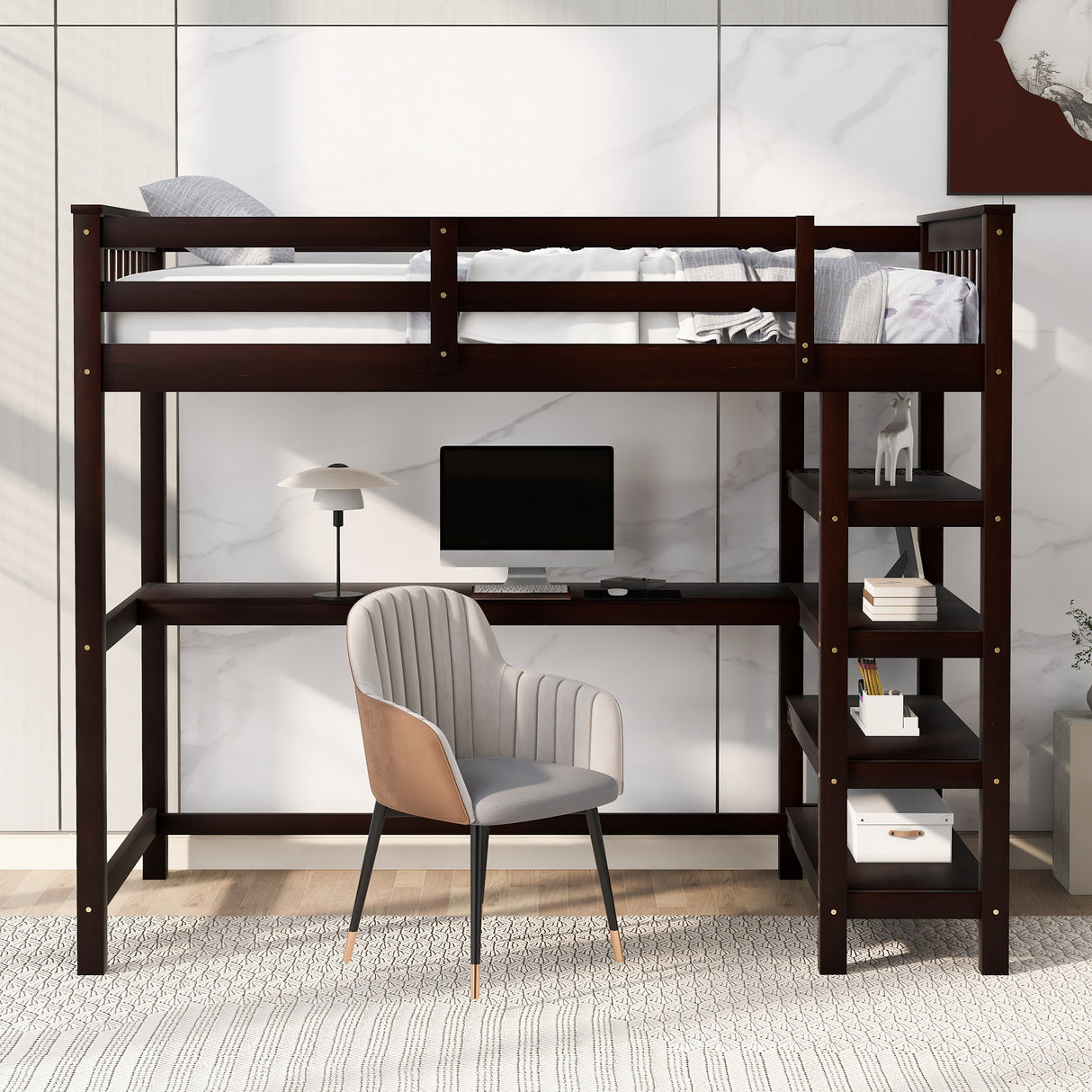 Twin Size Loft Bed with Storage Shelves and Under-bed Desk, Espresso(OLD SKU:SM000245AAP-1) - Home Elegance USA