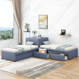 L-shaped Upholstered Platform Bed with Trundle and Two Drawers Linked with built-in Desk,Twin,Gray - Home Elegance USA