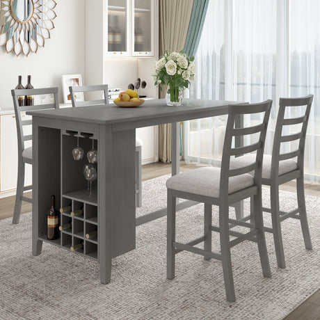 TREXM 5-Piece Multi-Functional Rubber Wood Counter Height Dining Set with Padded Chairs and Integrated 9 Bar Wine Compartment, Wineglass Holders for Dining Room (Gray) - Home Elegance USA