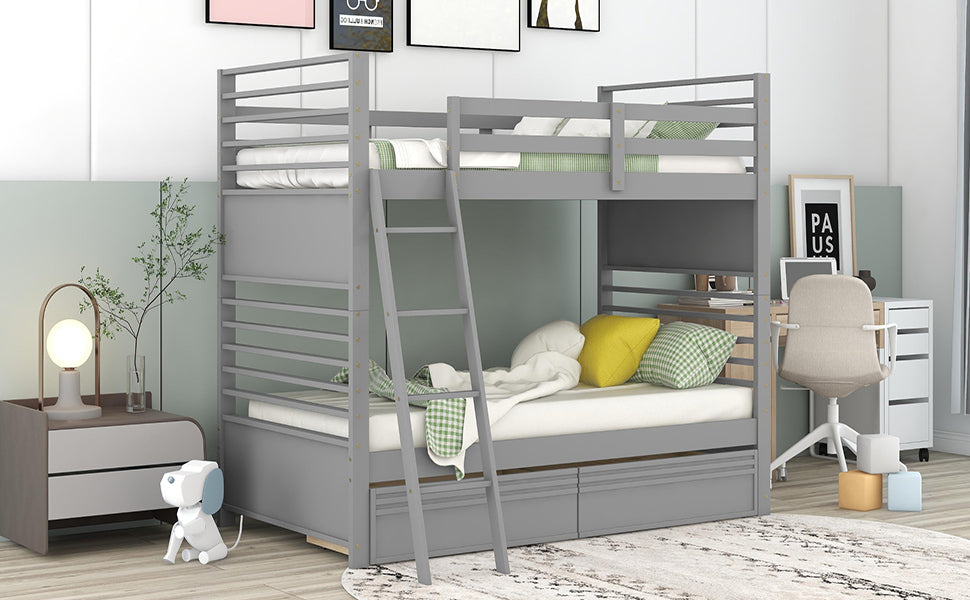 Twin over Twin Wood Bunk Bed with Two Drawers - Gray - Home Elegance USA