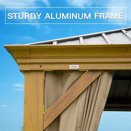 12'x16' aluminum gazebo with steel canopy, curtains, and netting for outdoor spaces.