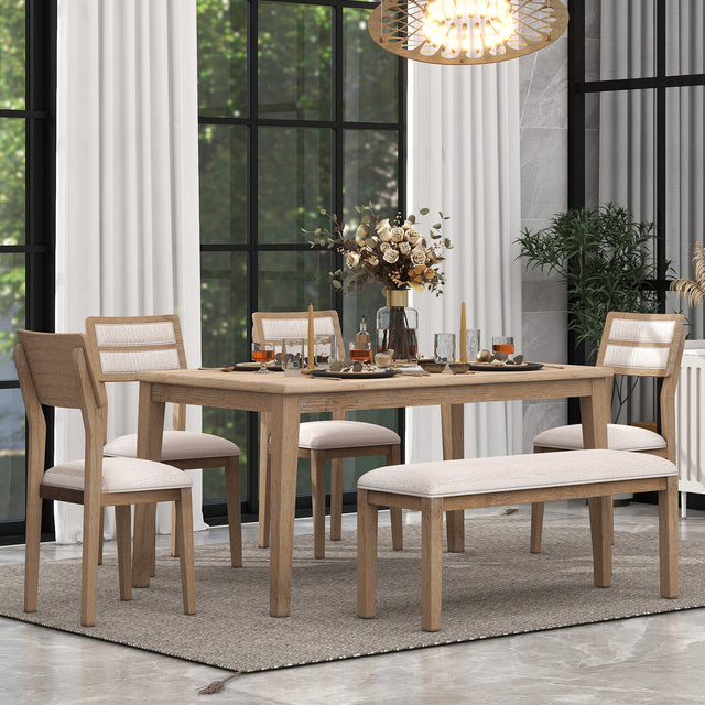 TREXM Classic and Traditional Style 6 - Piece Dining Set, Includes Dining Table, 4 Upholstered Chairs & Bench (Natural Wood Wash) - Home Elegance USA