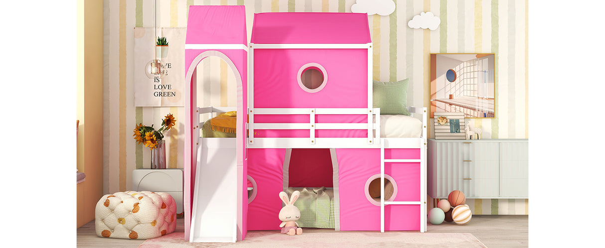 Twin Size Bunk Bed with Slide Pink Tent and Tower - Pink - Home Elegance USA